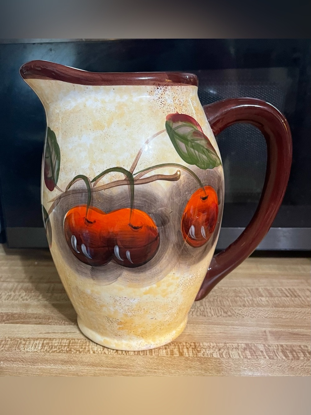 Hand-Painted Cherry & Grapes Ceramic Pitcher in Red and Cream/purple and green